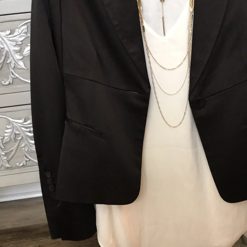 BCBG Satin Blazer Feminine Tuxedo with a Twist Black